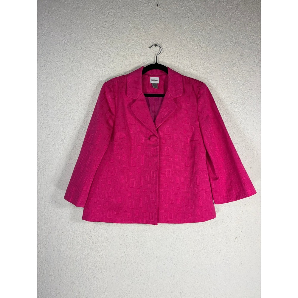 Chicos‎ Hot Pink Jacquard Geometric Blazer Jacket 3/4 Sleeve Size 0 Small